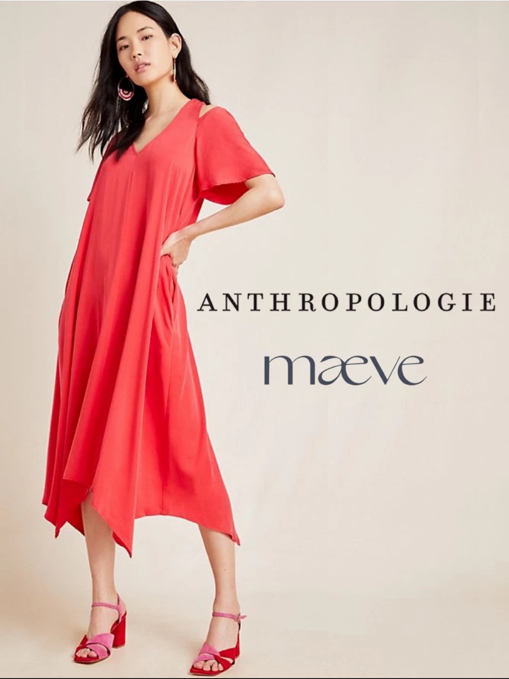Anthropologie Coral Asymmetrical V-Neck Boho Dress NWT
